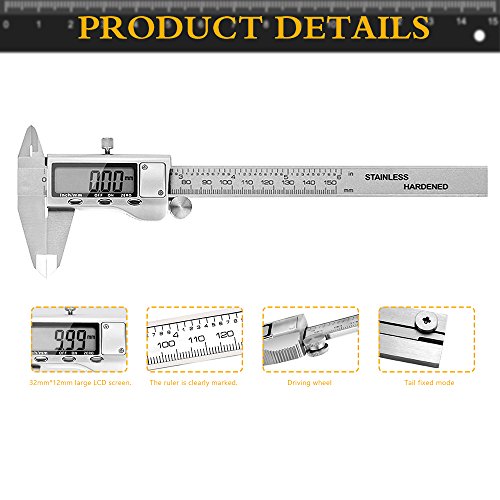 Calibres Digitales - JUNING Pie de Rey Digital electrónica de acero inoxidable de 150 mm, medición precisa y rápida, lectura fácil