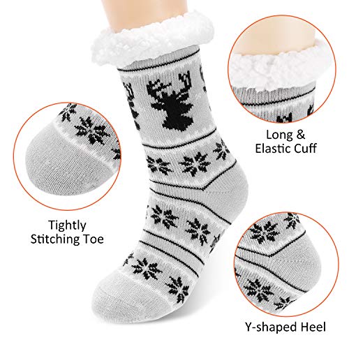 Calmare Mujeres zapatillas calcetines, señoras acogedor suave deslizamiento deslizador calcetines de cama, Navidad copo de nieve alces zapatillas calcetines para mujeres niñas (Gris)