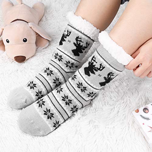 Calmare Mujeres zapatillas calcetines, señoras acogedor suave deslizamiento deslizador calcetines de cama, Navidad copo de nieve alces zapatillas calcetines para mujeres niñas (Gris)