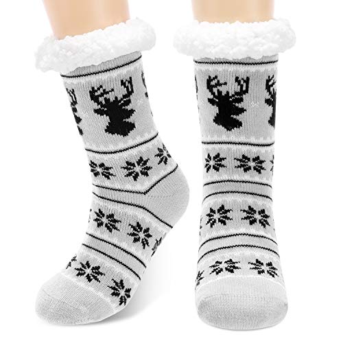 Calmare Mujeres zapatillas calcetines, señoras acogedor suave deslizamiento deslizador calcetines de cama, Navidad copo de nieve alces zapatillas calcetines para mujeres niñas (Gris)