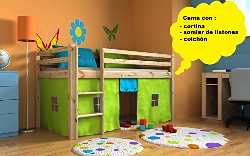 Cama de juego,cama para niños,de alta,cama con cortinas,colchón,somier,blanco,muchos colores