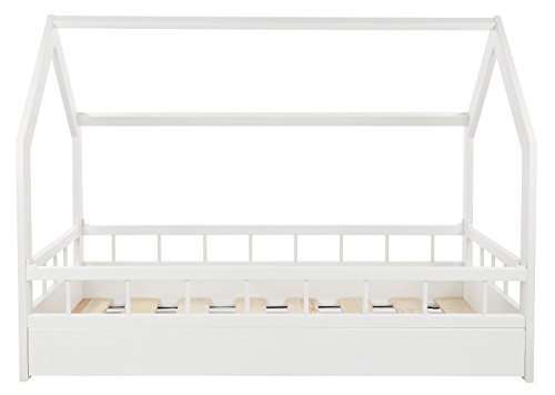 Cama infantil en forma de casa dosel para ninos 160x80 + protección (color: blanco)