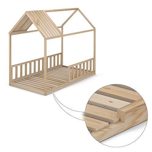 Cama Infantil Tipo Montessori, Casita Madera Natural con Barrera Barandilla, para niño y niña, 90 x 190 cm Cama Infantil Tipo Montessori, Casita Madera Natural con Barrera Barandilla, para niño y niña, 90 x 190 cm