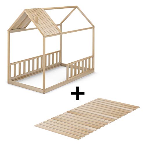 Cama Infantil Tipo Montessori, Casita Madera Natural con Barrera Barandilla, para niño y niña, 90 x 190 cm Cama Infantil Tipo Montessori, Casita Madera Natural con Barrera Barandilla, para niño y niña, 90 x 190 cm