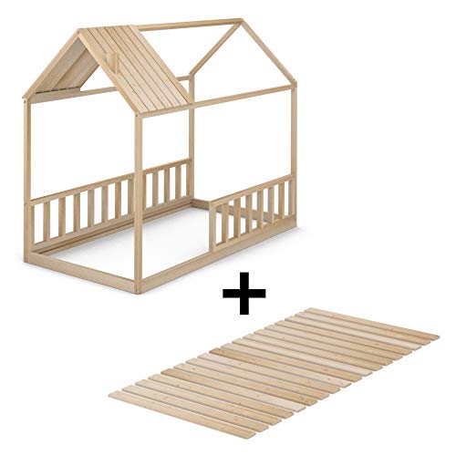 Cama Infantil Tipo Montessori, Casita Madera Natural con Barrera Barandilla, para niño y niña, 90 x 190 cm