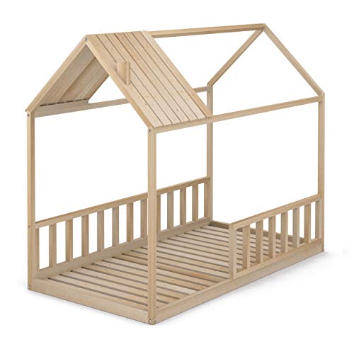 Cama Infantil Tipo Montessori, Casita Madera Natural con Barrera Barandilla, para niño y niña, 90 x 190 cm Cama Infantil Tipo Montessori, Casita Madera Natural con Barrera Barandilla, para niño y niña, 90 x 190 cm