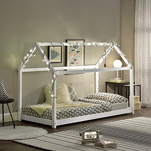 Cama para niños de Madera Pino 70 x 140cm o 80 x 160cm Cama Infantil Forma de casa Casita Blanco o Pino Natural (Blanco, 90x200cm)