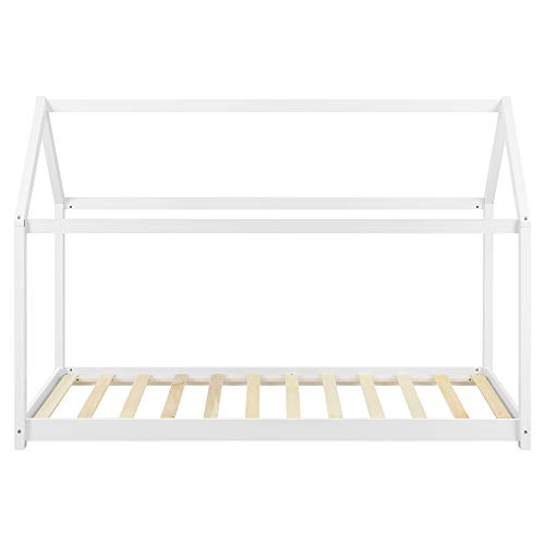 Cama para niños de Madera Pino 70 x 140cm o 80 x 160cm Cama Infantil Forma de casa Casita Blanco o Pino Natural (Blanco, 90x200cm)