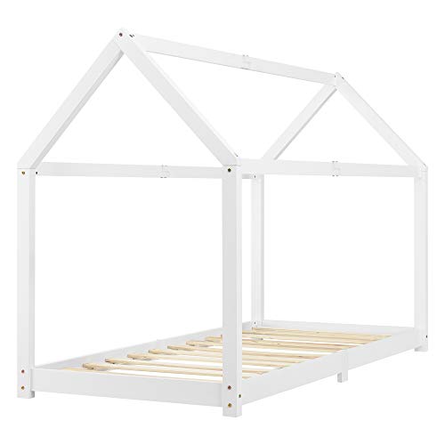 Cama para niños de Madera Pino Embrach 90 x 200cm Cama Infantil Forma de casa Casita Blanco Cama para niños de Madera Pino Embrach 90 x 200cm Cama Infantil Forma de casa Casita Blanco