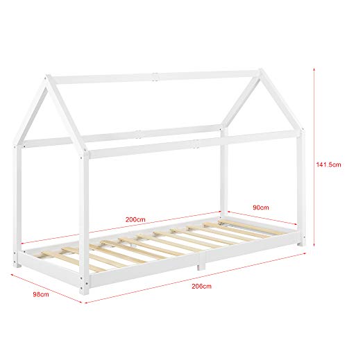Cama para niños de Madera Pino Embrach 90 x 200cm Cama Infantil Forma de casa Casita Blanco Cama para niños de Madera Pino Embrach 90 x 200cm Cama Infantil Forma de casa Casita Blanco
