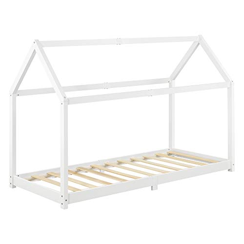Cama para niños de Madera Pino Embrach 90 x 200cm Cama Infantil Forma de casa Casita Blanco Cama para niños de Madera Pino Embrach 90 x 200cm Cama Infantil Forma de casa Casita Blanco