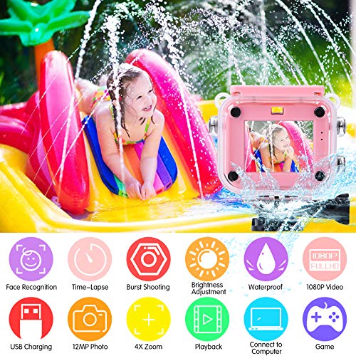 Cámara Digital para Niños 1080P HD Videocámara de Acción Recargable Video Subacuático Festival de Cumpleaños a Prueba Agua Regalo de Juguete para Niños Niñas con LCD 2.0 Pantalla y Tarjeta SD de 32GB