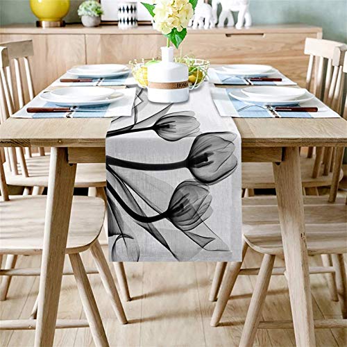 Caminos de Mesa Bandera Moderna del Partido Flor del tulipán Negro y Negro de la Silueta Camino de Mesa algodón de Lino Tabla de la Boda Decoración Comedor (Size : 36x183cm)