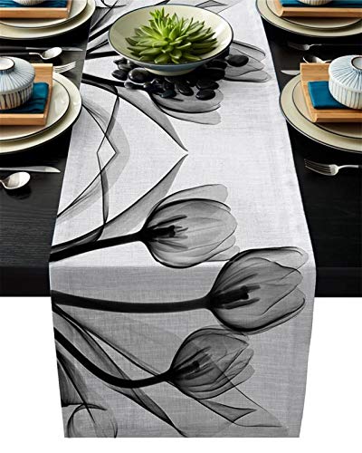 Caminos de Mesa Bandera Moderna del Partido Flor del tulipán Negro y Negro de la Silueta Camino de Mesa algodón de Lino Tabla de la Boda Decoración Comedor (Size : 36x183cm)