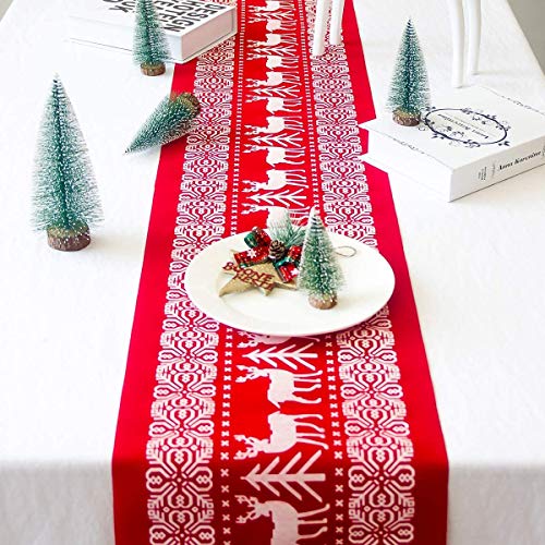 Caminos de Mesa Comedor, AISOO Camino de Mesa de Navidad Corredor de La Tabla Rojo Mantel de Lino con Estampado de Alce Blanco Regalos para Vecinos,Amigos,Familiares Decoración de Mesa Navideña,Fiesta