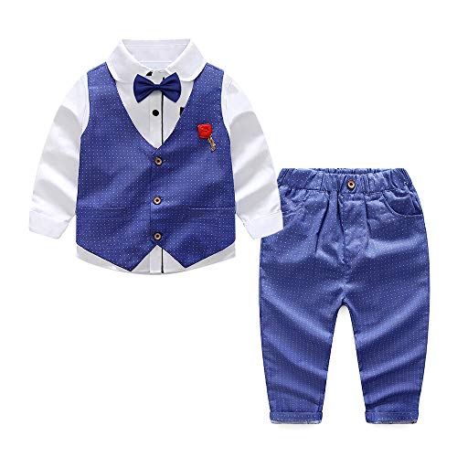 Camisa de Manga Larga para NiñOs PequeñOs + Chaleco + Pantalones 4 Piezas Conjuntos de Trajes de Fiesta De Invierno para NiñOs Azul 5-6 AñOs