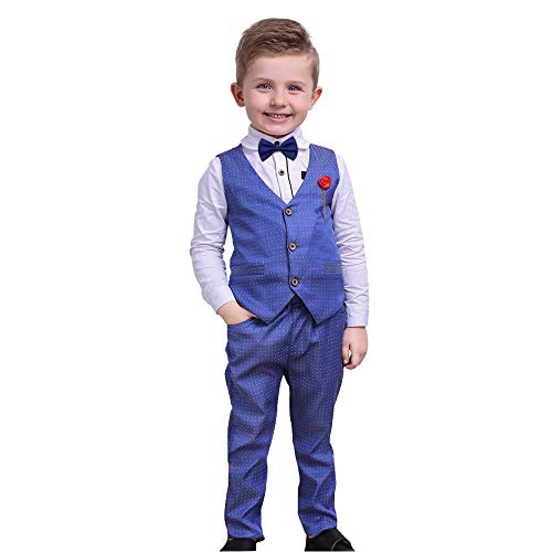 Camisa de Manga Larga para NiñOs PequeñOs + Chaleco + Pantalones 4 Piezas Conjuntos de Trajes de Fiesta De Invierno para NiñOs Azul 5-6 AñOs