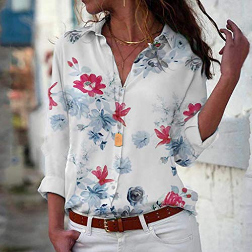 Camisas Mujer Manga Larga 2019 SHOBDW Liquidación Venta Camisetas Mujer Leopardo Blusas Mujer Tallas Grandes Cuello en V Botón Tops Mujer Regular Fit Sexy Camisas Mujer Floral S-5XL(Rosado,5XL)