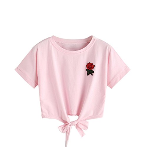 Camisas Mujer, Xinan Blusa de Mujer Sexy Tops Halter Apliques Rose Manga Corta Camisa Casual Chaleco (S, Rosa) Camisas Mujer, Xinan Blusa de Mujer Sexy Tops Halter Apliques Rose Manga Corta Camisa Casual Chaleco (S, Rosa)