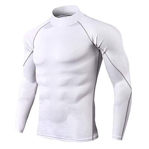 Camiseta Compresión para Hombre con Cuello Alto Camiseta Deportiva Secado Rápido de Manga Larga para Fitness Gimnasio Entrenamiento Ciclismo Blanco XL