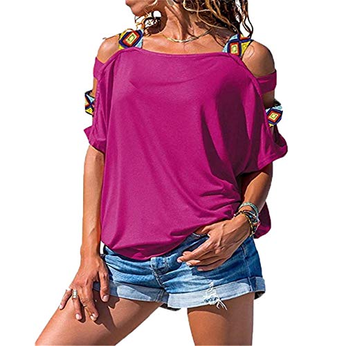 Camiseta con Hombros Descubiertos Y Manga Corta Hueca De Color SóLido para Mujer
