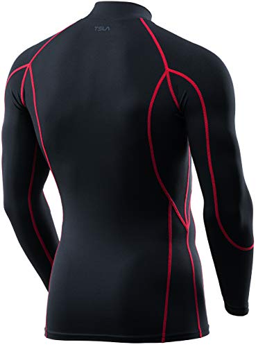 Camiseta de compresión de manga larga TSLA para hombre, camiseta de entrenamiento atlético, camiseta Active Sports Base, Mut32 1 pack – negro y rojo, talla L