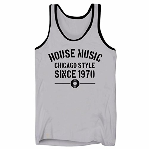 Camiseta de Escote bajo para Hombre con Vinilo de House Music Chicago Style Since 1970 para Fiesta de Verano y DJ en Gris y Negro Talla XXL
