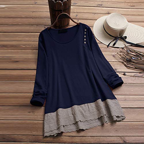 Camiseta de Manga Larga para Mujer con Botones de algodón y Lino con Capucha y botón Blusa y Camisa Vintage Suelto Arriba Primavera y otoño riou (Azul Oscuro, M)