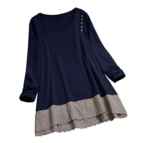 Camiseta de Manga Larga para Mujer con Botones de algodón y Lino con Capucha y botón Blusa y Camisa Vintage Suelto Arriba Primavera y otoño riou (Azul Oscuro, M)