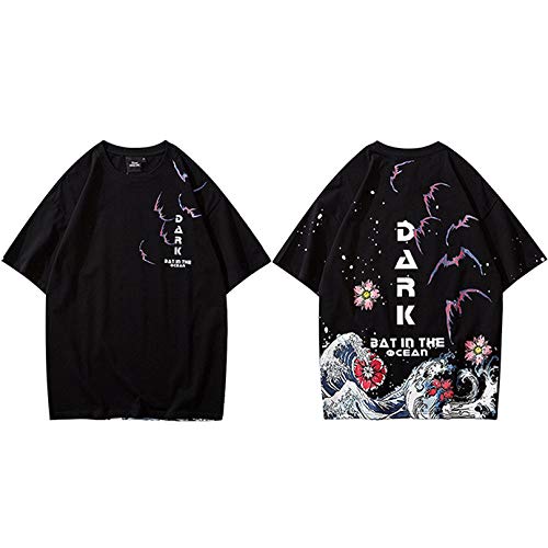 Camiseta para Hombre Gráfico,Camisetas De Manga Corta con Cuello Redondo, Gran Estampado De Olas, Pareja De Algodón Camisetas Negras Unisex, Diseños Novedad Casual Moda Harajuku Ropa De Calle Holga