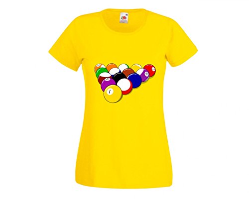 Camiseta – Pelotas de piscina – Billar – Juegos – Deportes – Diversión – Competencia – Color – Mesa – Teclas – Recuperación – Camiseta para hombre – Mujer y Niños amarillo Mujer Gr.: X-Small
