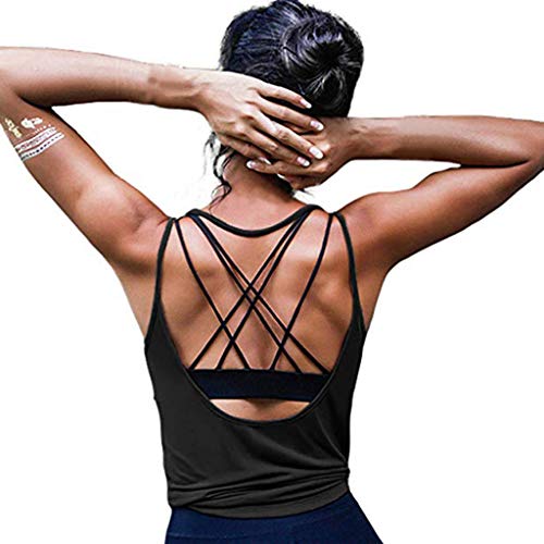 Camiseta Sin Mangas Mujer SHOBDW 2020 Nuevo Playa de Verano Deporte Camisetas Mujer Tirantes Baratas Yoga Sexy Activewear Fitness Sin Respaldo Racerback Tank Tops Camisas(Negro,XL)