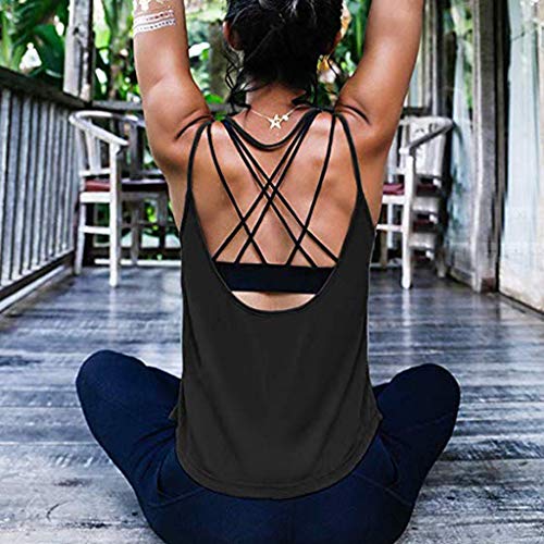 Camiseta Sin Mangas Mujer SHOBDW 2020 Nuevo Playa de Verano Deporte Camisetas Mujer Tirantes Baratas Yoga Sexy Activewear Fitness Sin Respaldo Racerback Tank Tops Camisas(Negro,XL)