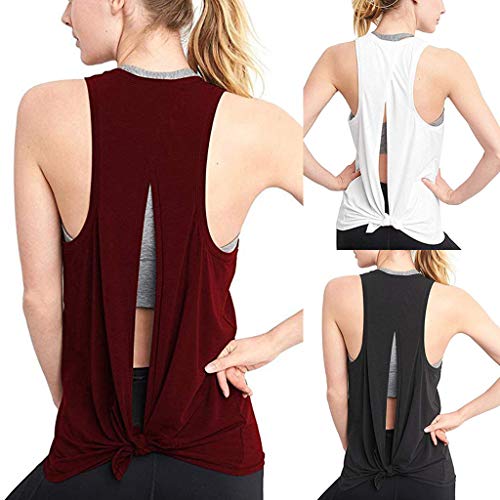 Camiseta Sin Mangas Mujer SHOBDW 2020 Nuevo Verano Deporte Camisetas Mujer Tirantes Baratas Sexy Espalda Abierta Deporte Sólido Yoga Camisas Corbata Entrenamiento Racerback Tops Blusa(Negro,XXL)