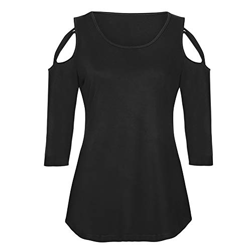 Camiseta solida Mujer Tres Cuartos Manga Tiras entrecruzadas Hombro frío Tops Blusas