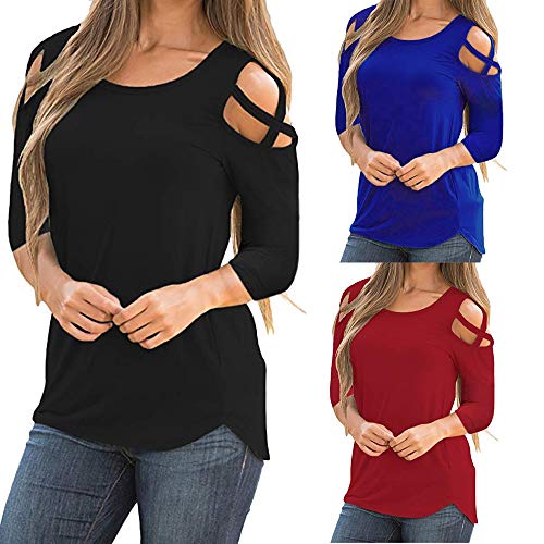 Camiseta solida Mujer Tres Cuartos Manga Tiras entrecruzadas Hombro frío Tops Blusas