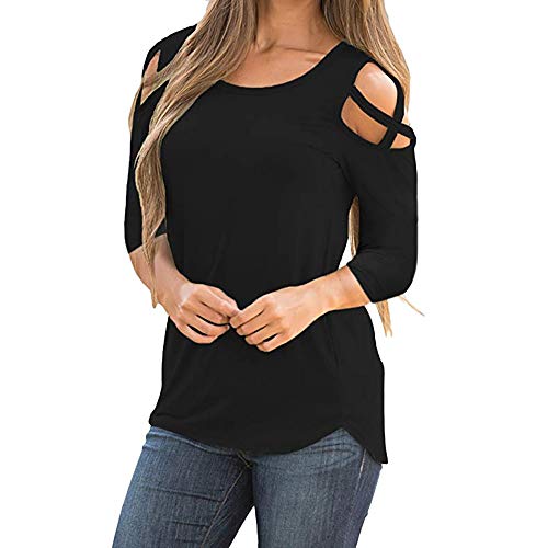 Camiseta solida Mujer Tres Cuartos Manga Tiras entrecruzadas Hombro frío Tops Blusas Camiseta solida Mujer Tres Cuartos Manga Tiras entrecruzadas Hombro frío Tops Blusas