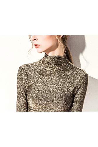 Camisetas De Mujer De Cuello Alto De Invierno Casual Ajustado De Manga Larga De Tul Oro XL Camisetas De Mujer De Cuello Alto De Invierno Casual Ajustado De Manga Larga De Tul Oro XL