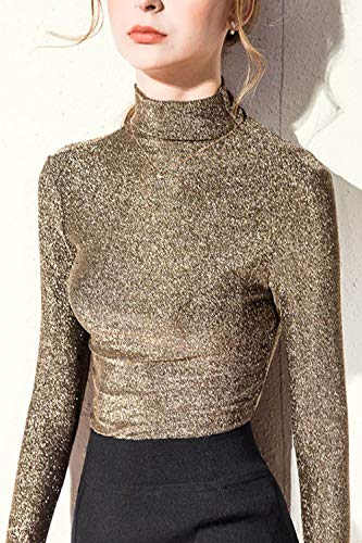 Camisetas De Mujer De Cuello Alto De Invierno Casual Ajustado De Manga Larga De Tul Oro XL Camisetas De Mujer De Cuello Alto De Invierno Casual Ajustado De Manga Larga De Tul Oro XL