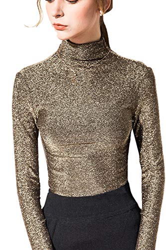 Camisetas De Mujer De Cuello Alto De Invierno Casual Ajustado De Manga Larga De Tul Oro XL