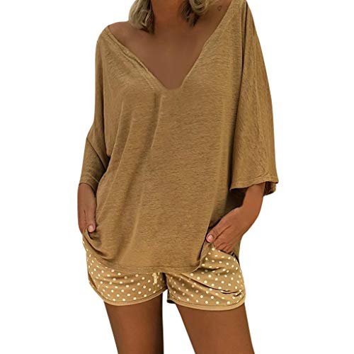 Camisetas Mujer Manga Corta SHOBDW Tops Verano Cuello En V Sexy Caftan Boho Blusa De Las Señoras Vestido Holgado Hippie De La Vendimia Suelto Cover Up Playa Mujer Talla Grande S-5XL(Caqui,5XL)