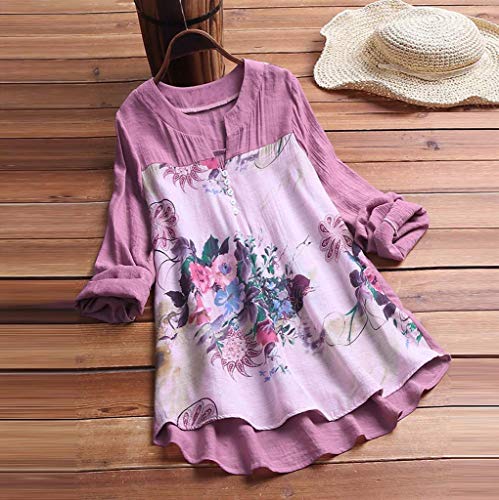 Camisetas Mujer Manga Larga SHOBDW 2019 Nuevo Cuello en V Tops de Túnica Blusas Suelto Estampado Floral Pullover Sexy Casual Verano Camisetas Mujer Tallas Grandes M-5XL(Morado,XL)