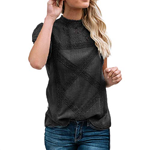 Camisetas Mujer SHOBDW Dia de la Mujer Verano Patchwork De Encaje Casual Ahuecar Volantes Manga Corta Suéter De Cuello De Tortuga Linda Blusa Floral Camiseta Blanca para Mujer (M, Negro)