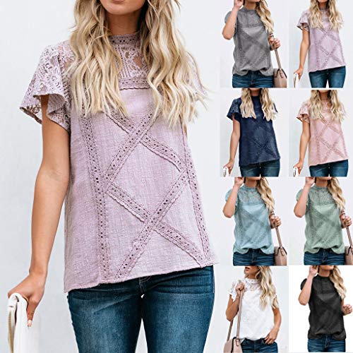 Camisetas Mujer SHOBDW Dia de la Mujer Verano Patchwork De Encaje Casual Ahuecar Volantes Manga Corta Suéter De Cuello De Tortuga Linda Blusa Floral Camiseta Blanca para Mujer(Blanco,M)