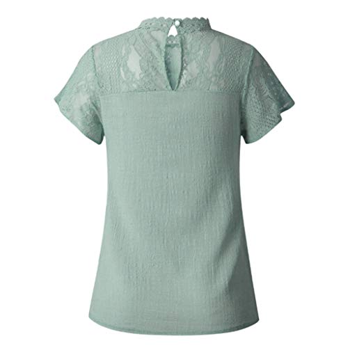 Camisetas Mujer SHOBDW Dia de la Mujer Verano Patchwork De Encaje Casual Ahuecar Volantes Manga Corta Suéter De Cuello De Tortuga Linda Blusa Floral Camiseta Blanca para Mujer (L, Verde)