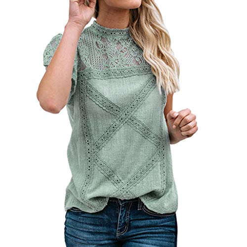 Camisetas Mujer SHOBDW Dia de la Mujer Verano Patchwork De Encaje Casual Ahuecar Volantes Manga Corta Suéter De Cuello De Tortuga Linda Blusa Floral Camiseta Blanca para Mujer (L, Verde)