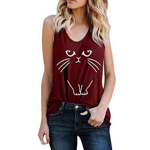 Camisetas sin Mangas Mujer SHOBDW Camiseta Verano Playa Mar Camisola De Impresión De Gato Cultivo Tops Chaleco De Cuello Redondo Blusa Suave Suelto Camisa De Talla Grande para Mujer(Vino,XXL)