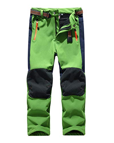 CAMLAKEE Pantalones Senderismo Niño Niña, Pantalon Softshell Impermeable Transpirable Pantalones Trekking Montaña Invierno, Verde, L