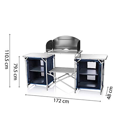 CamPart Travel Cocina de Camping Málaga, con Paravientos, Dos Compartimentos de Almacenamiento, Armario Doble, Unisex Adulto, Azul, 172 x 48 x 79.5/110.5