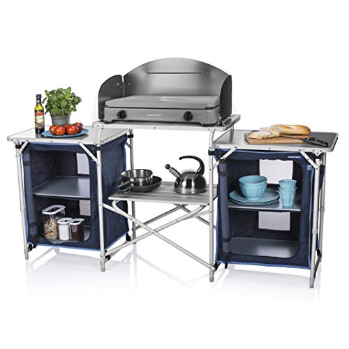 CamPart Travel Cocina de Camping Málaga, con Paravientos, Dos Compartimentos de Almacenamiento, Armario Doble, Unisex Adulto, Azul, 172 x 48 x 79.5/110.5